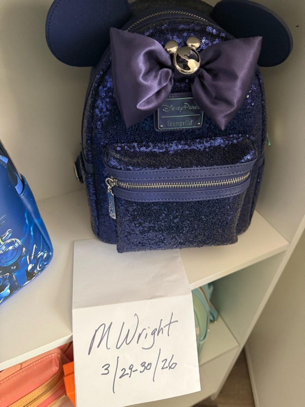 Loungefly Navy Sequin Mickey Ear Mini Backpack with Purple Bow - Parks Exclusive